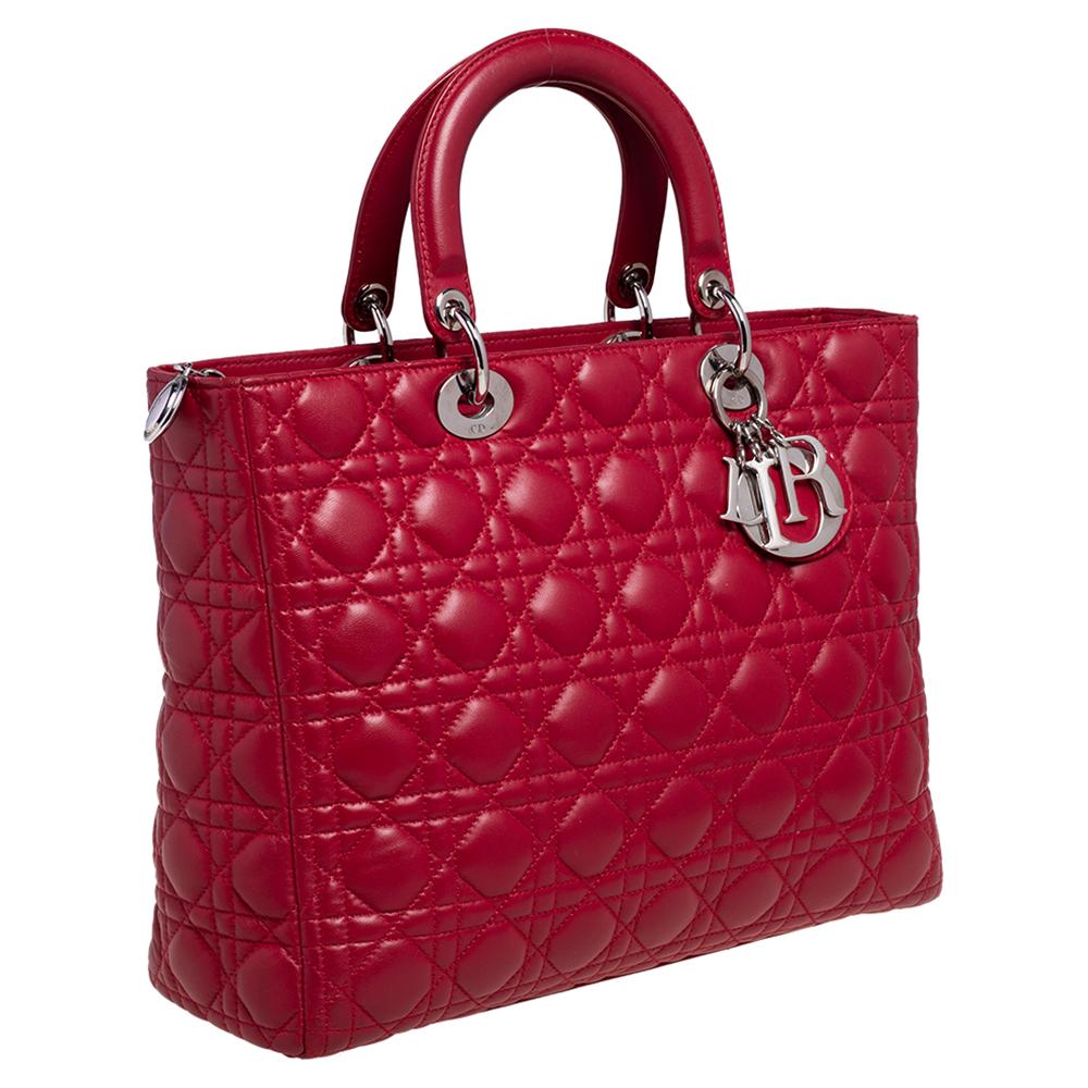 Women's Dior Red Cannage Leather Large Lady Dior Tote