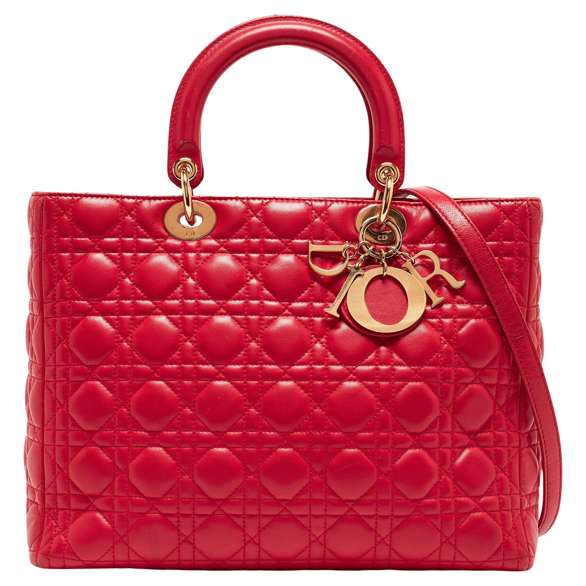 Dior Red Cannage Leather Large Lady Dior Tote For Sale