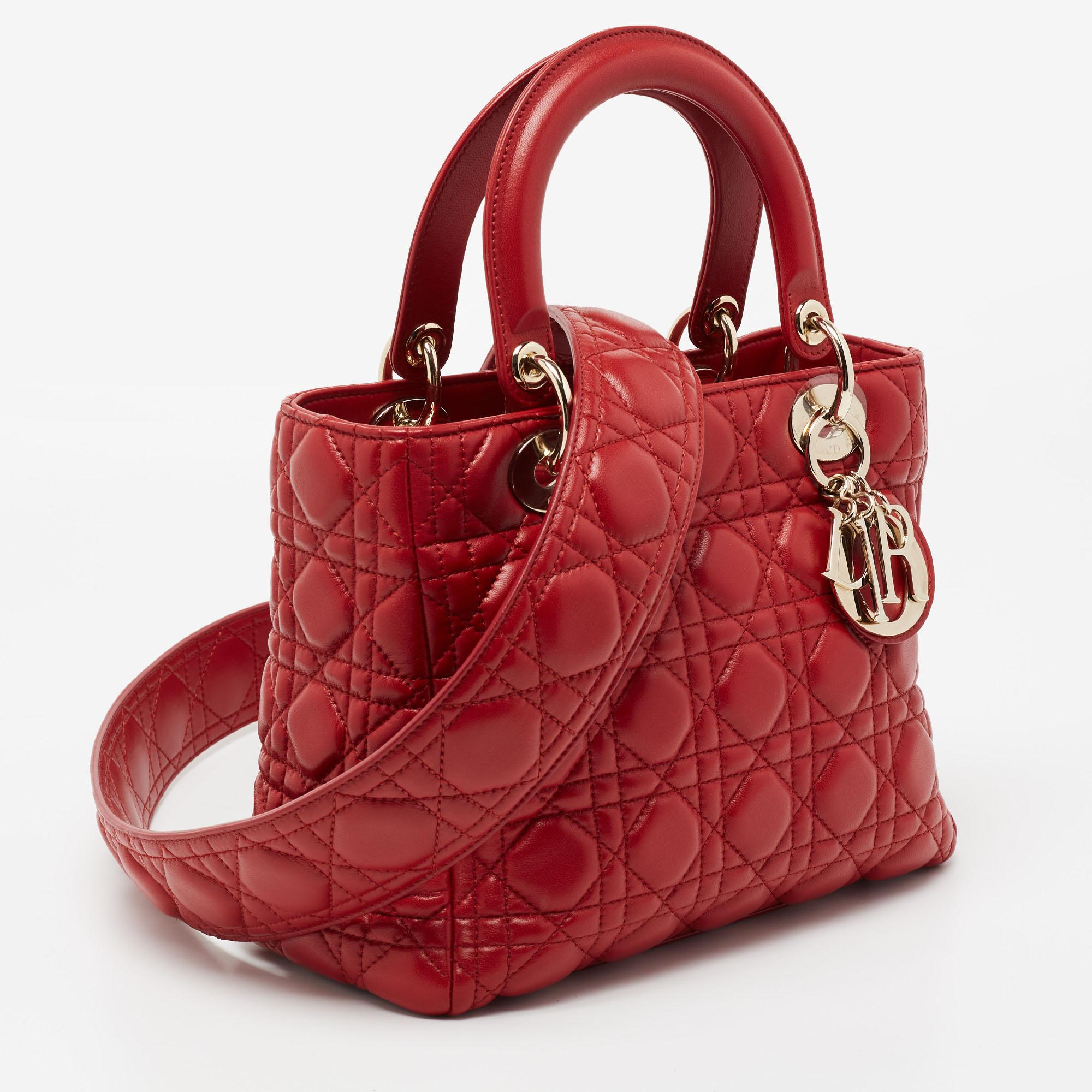 Women's Dior Red Cannage Leather Medium Lady Dior Tote