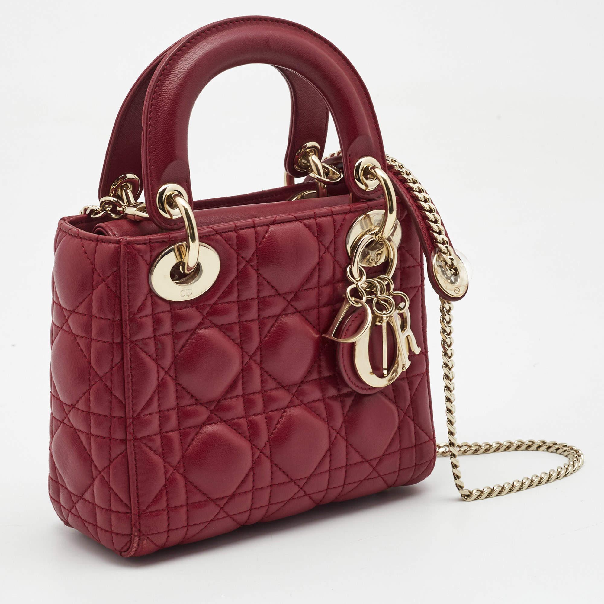Women's Dior Red Cannage Leather Mini Lady Dior Tote