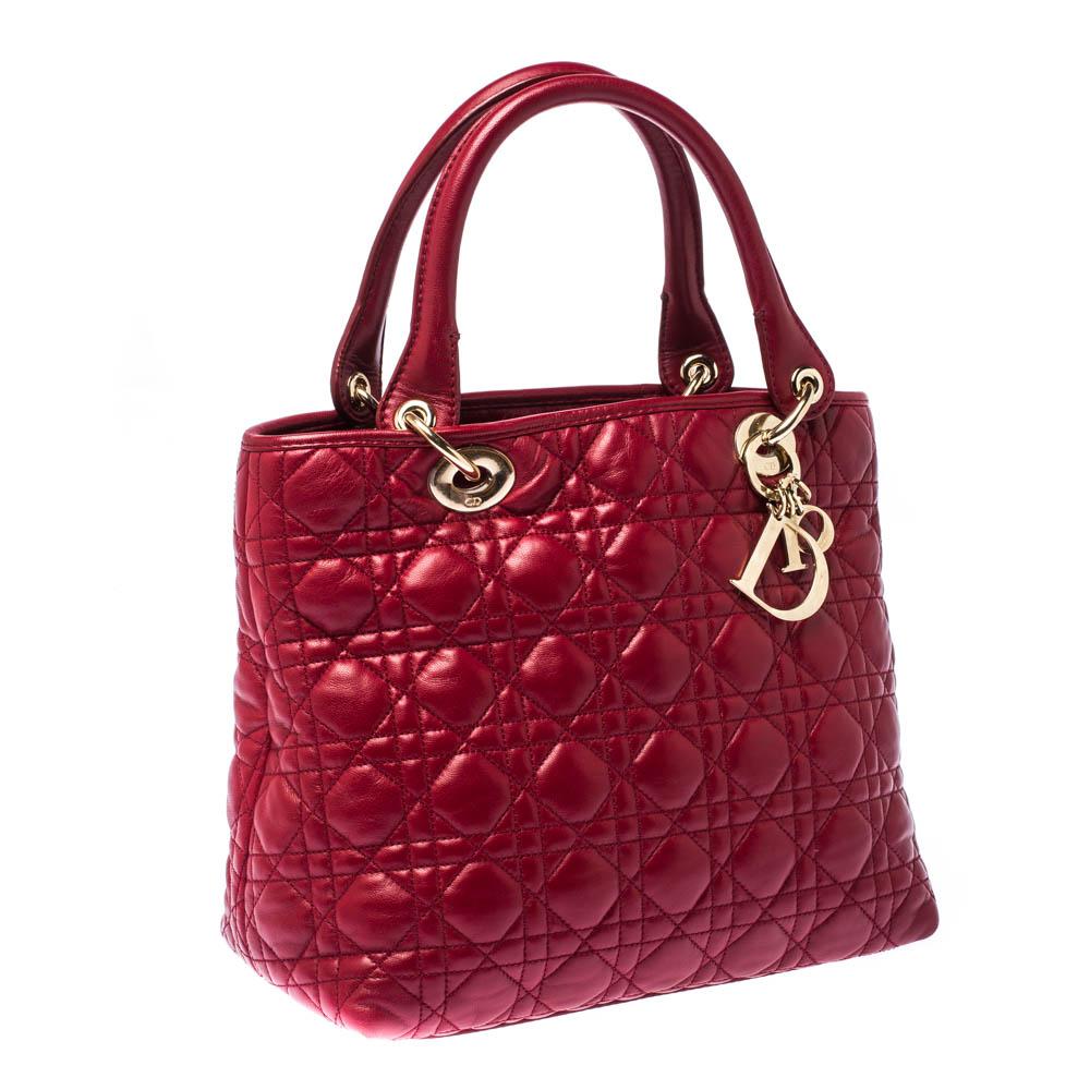 Women's Dior Red Cannage Leather Soft Lady Dior Tote