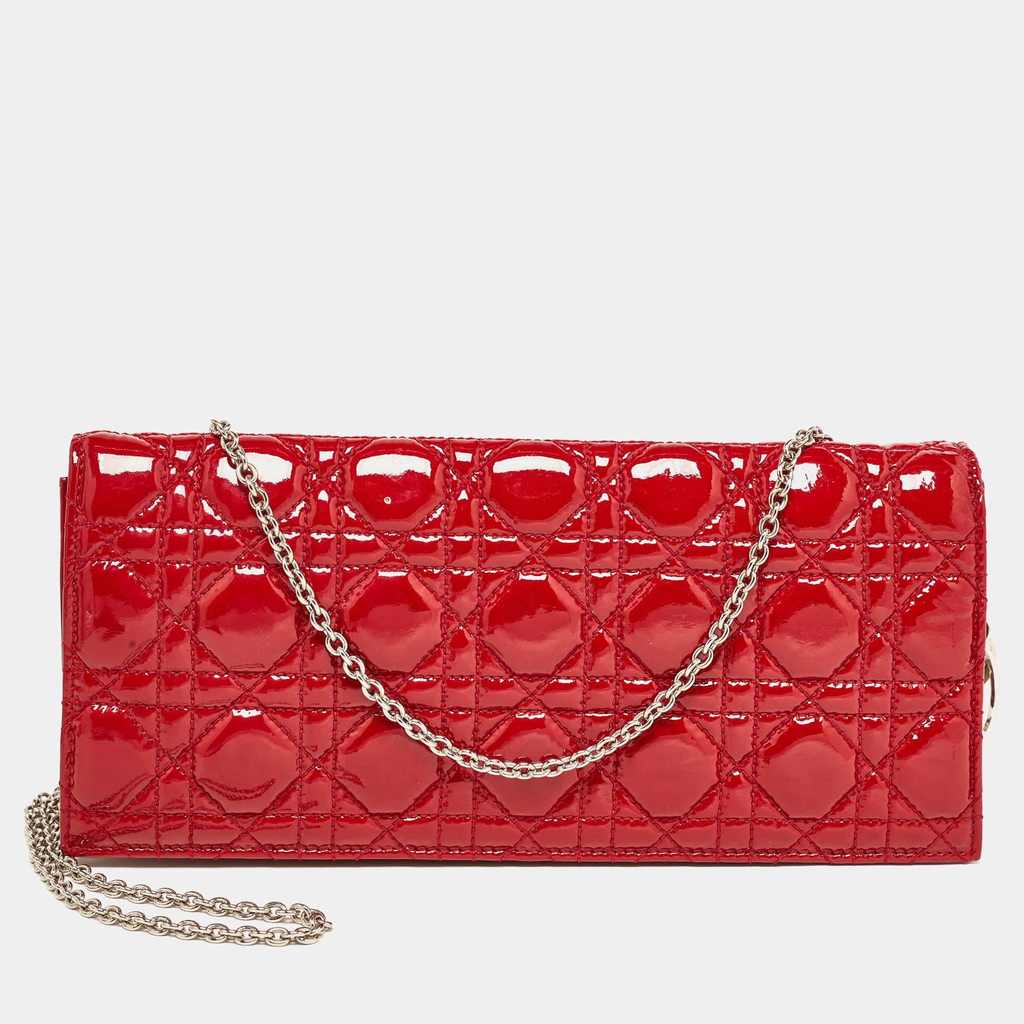 Dior Red Cannage Patent Leather Lady Dior Chain Clutch en vente 7