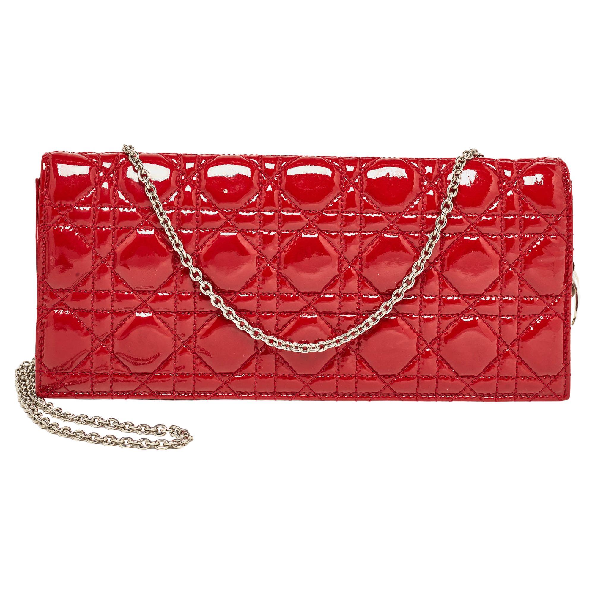 Dior Red Cannage Patent Leather Lady Dior Chain Clutch For Sale