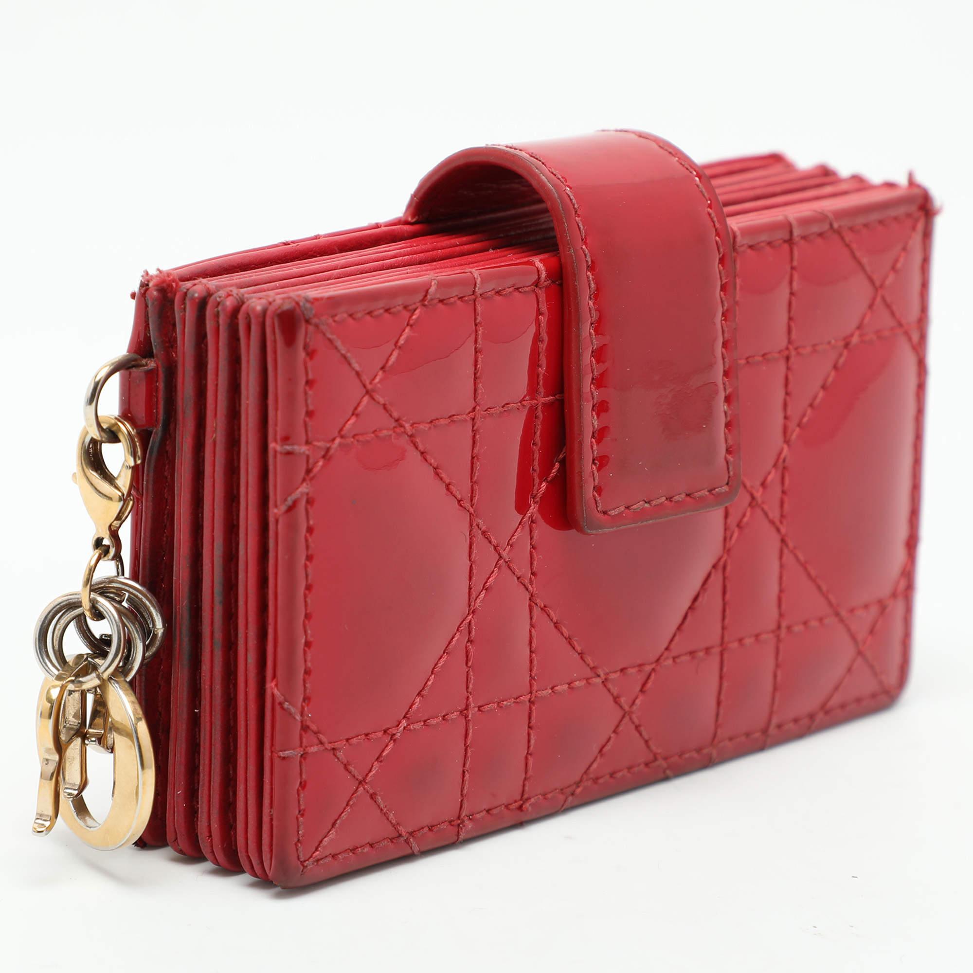 Dior Red Cannage Patent Leather Lady Dior Gusset Card Case In Fair Condition In Dubai, Al Qouz 2