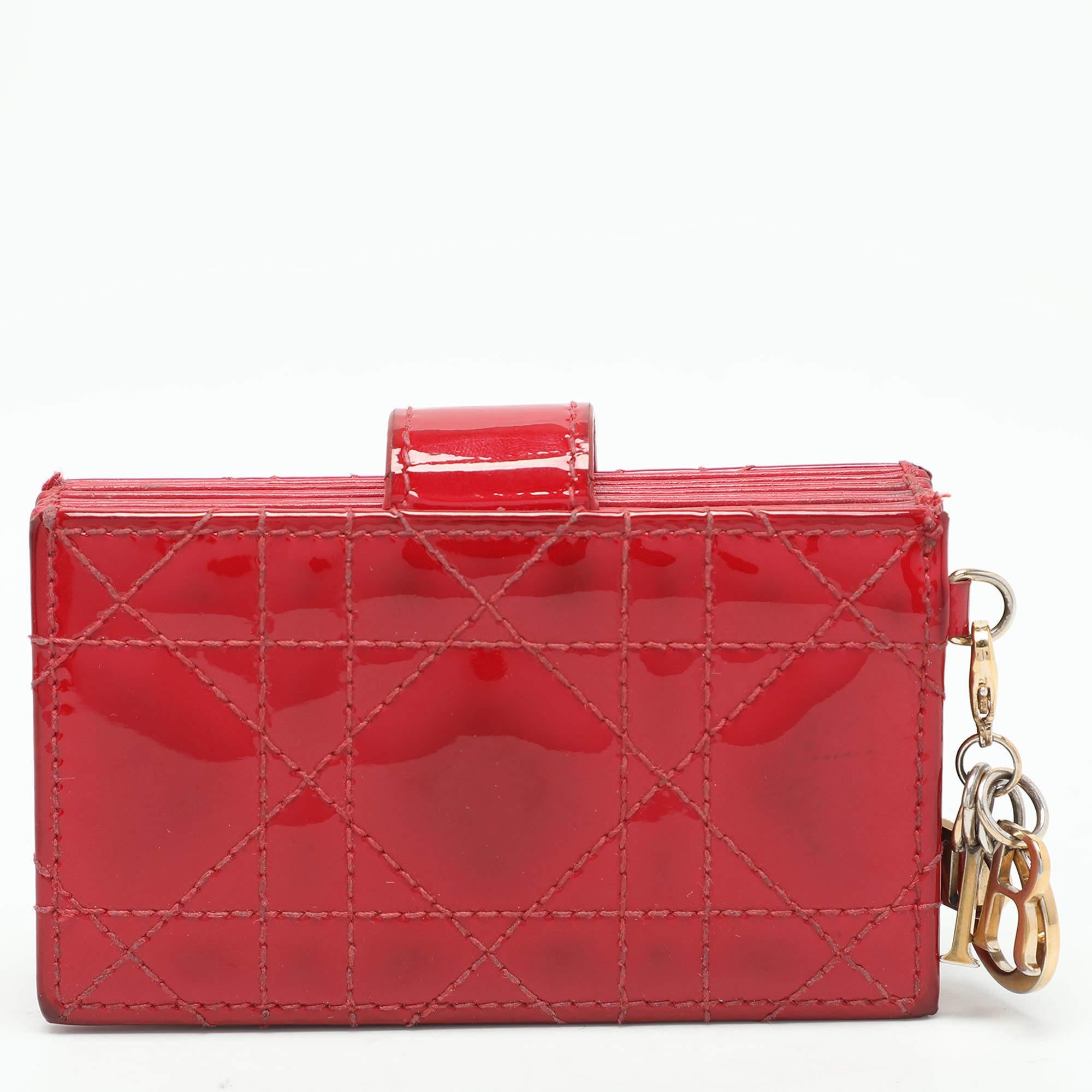 Women's Dior Red Cannage Patent Leather Lady Dior Gusset Card Case