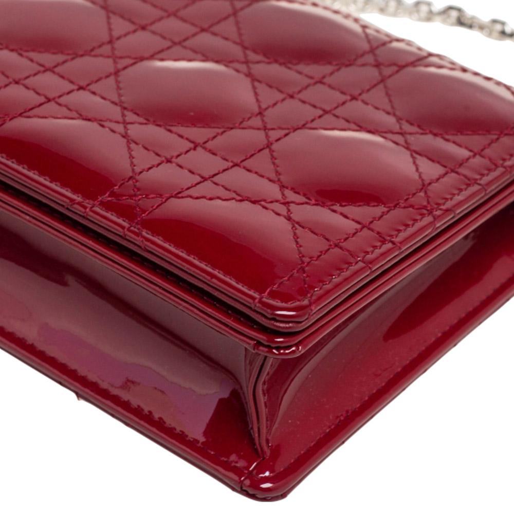 Brown Dior Red Cannage Patent Leather Lady Dior Wallet On Chain