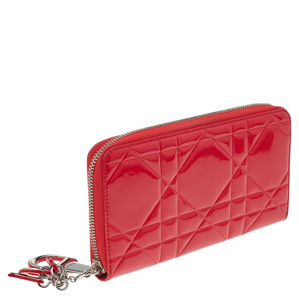 Women's Dior Red Cannage Patent Leather Lady Dior Zip Around Wallet