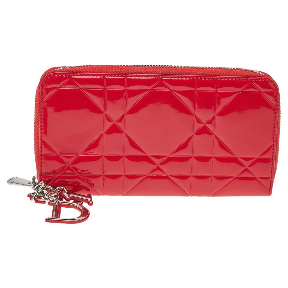 Dior Red Cannage Patent Leather Lady Dior Zip Around Wallet at