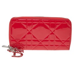 Dior Red Cannage Patent Leather Lady Dior Zip Around Wallet
