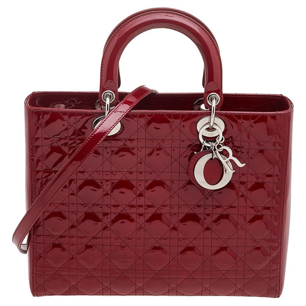 Dior Red Cannage Patent Leather Large Lady Dior Bag