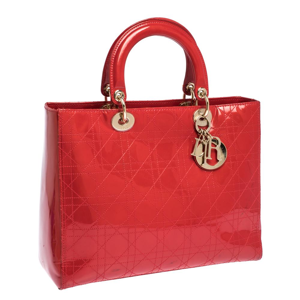 Dior Red Cannage Patent Leather Large Lady Dior Tote In Good Condition In Dubai, Al Qouz 2