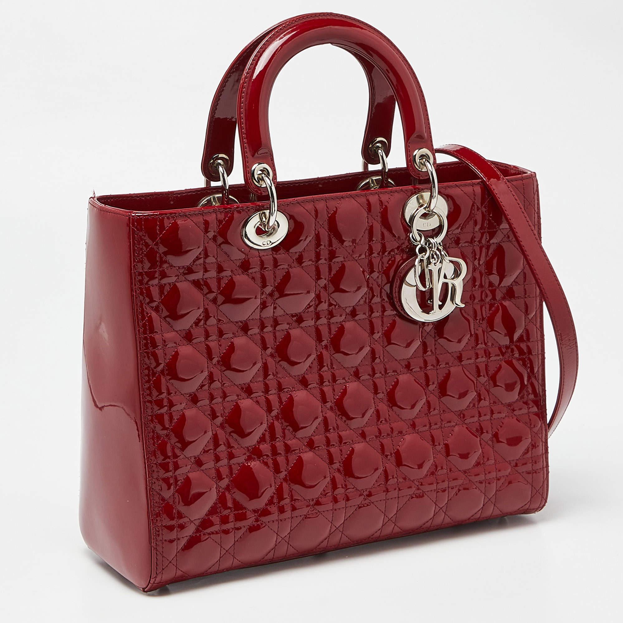 Dior Red Cannage Patent Leather Large Lady Dior Tote In Good Condition For Sale In Dubai, Al Qouz 2