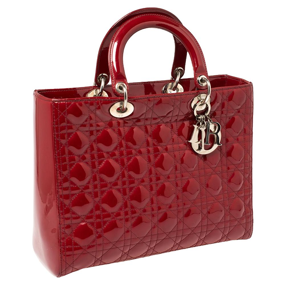 Women's Dior Red Cannage Patent Leather Large Lady Dior Tote