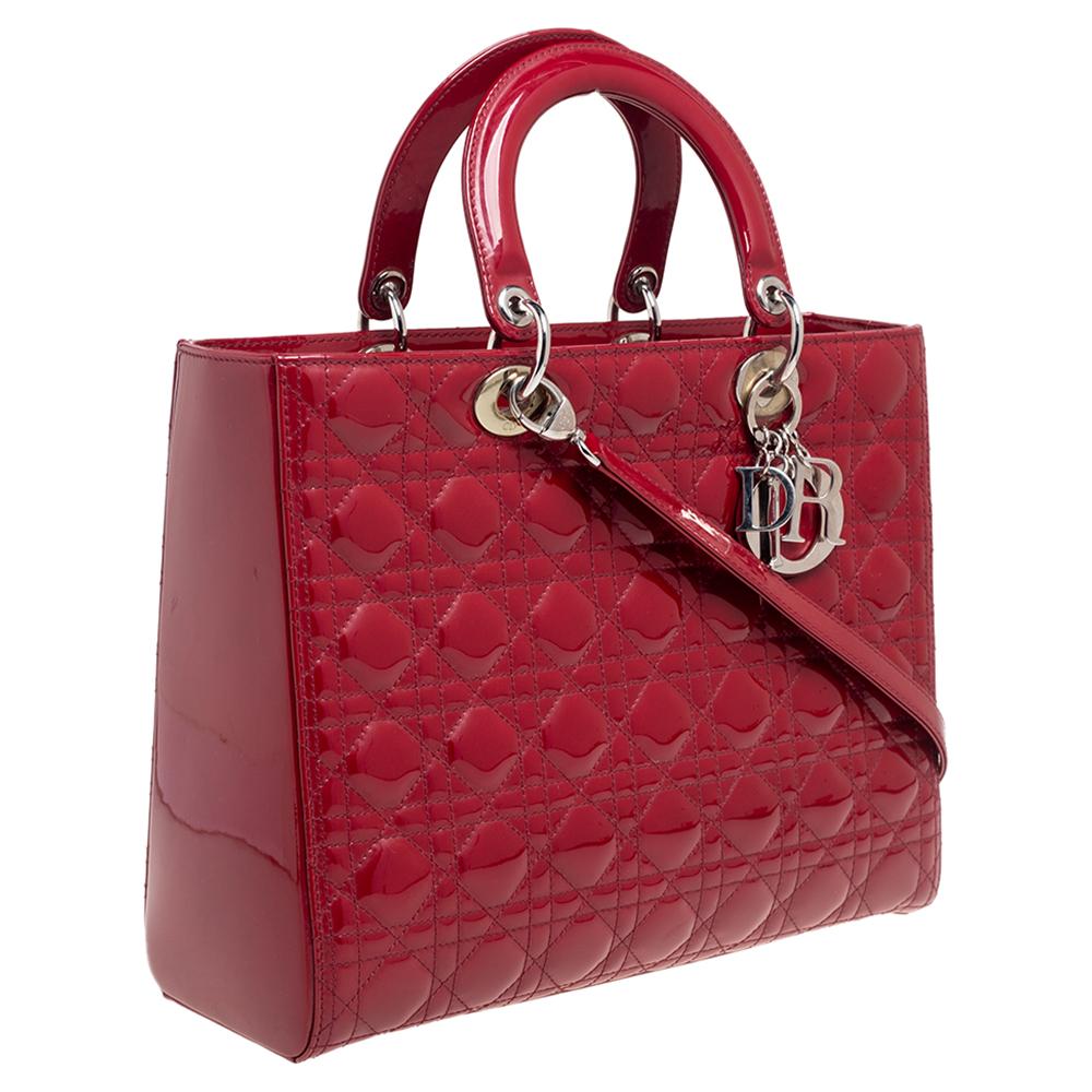 Women's Dior Red Cannage Patent Leather Large Lady Dior Tote