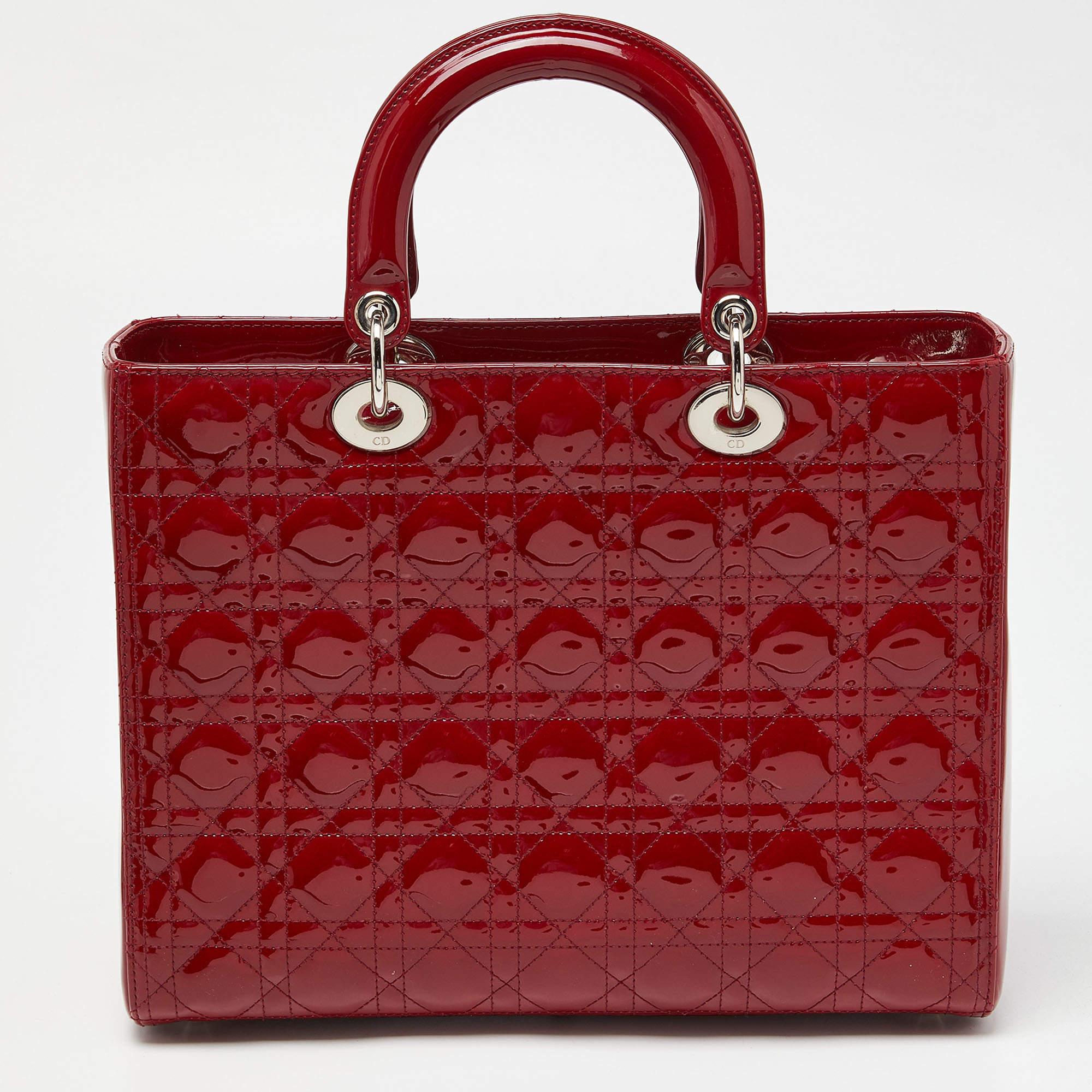 Dior Red Cannage Patent Leather Large Lady Dior Tote For Sale 3
