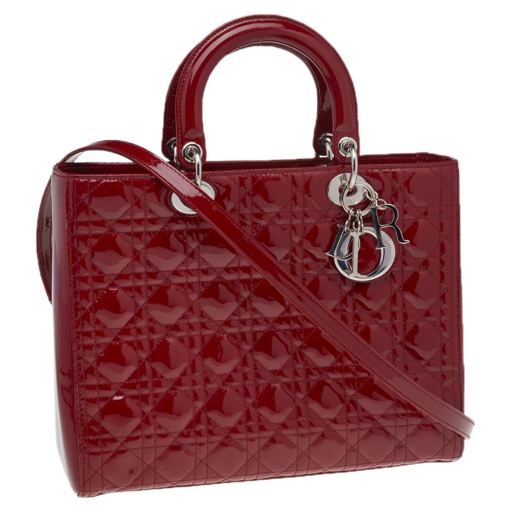 Dior Red Cannage Patent Leather Large Lady Dior Tote 4