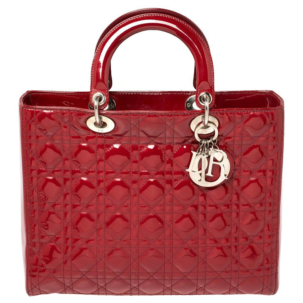 Dior Red Cannage Patent Leather Large Lady Dior Tote