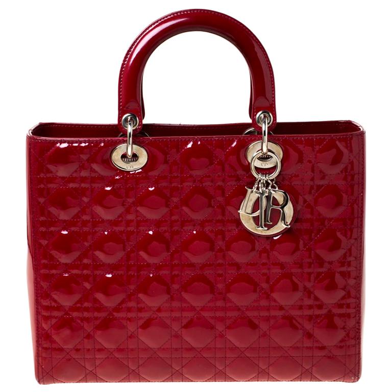 Dior Red Cannage Patent Leather Large Lady Dior Tote