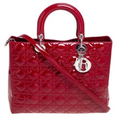 Dior Red Cannage Patent Leather Large Lady Dior Tote