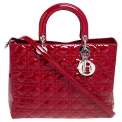 Dior Red Cannage Patent Leather Large Lady Dior Tote