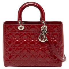 Used Dior Red Cannage Patent Leather Large Lady Dior Tote