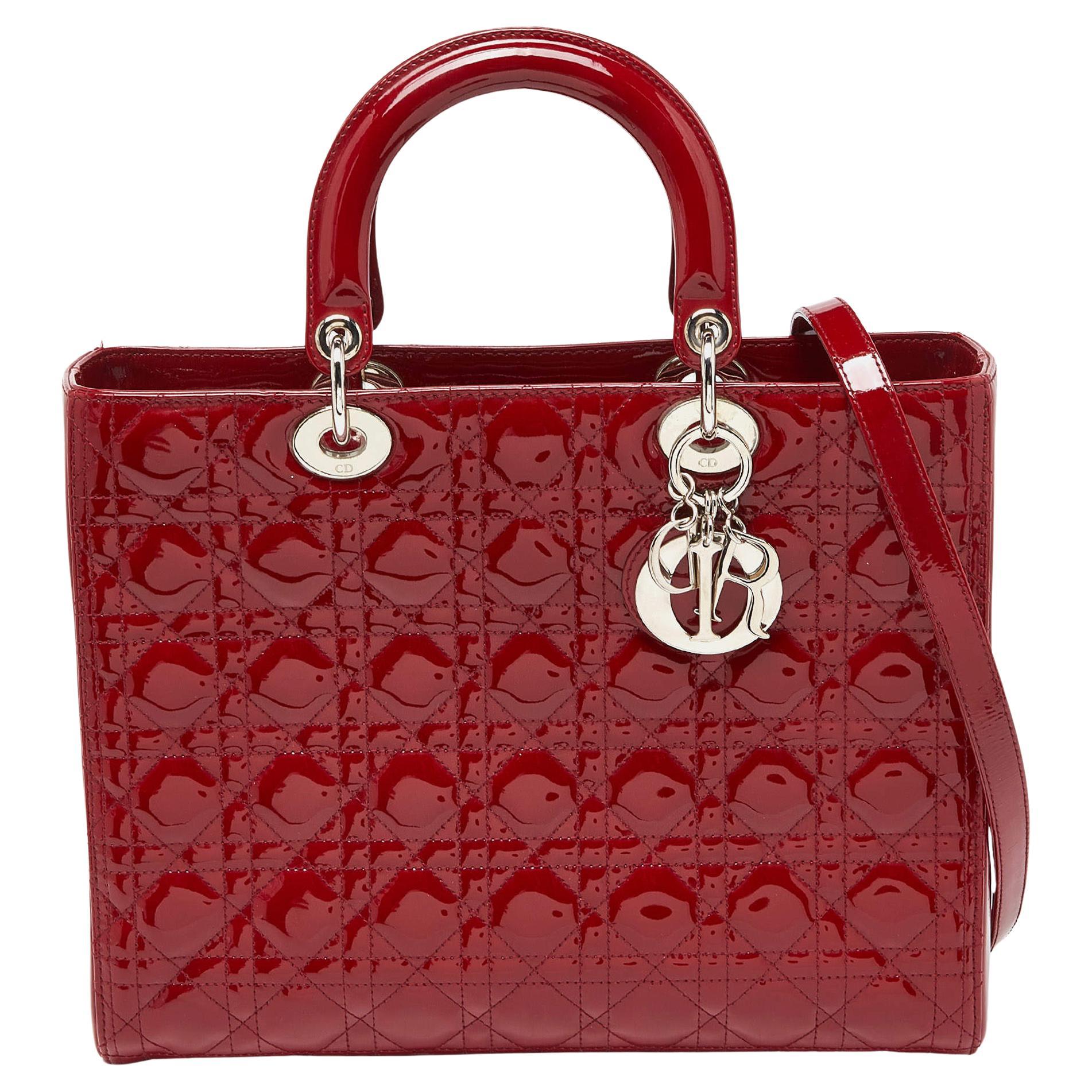 Dior Red Cannage Patent Leather Large Lady Dior Tote For Sale