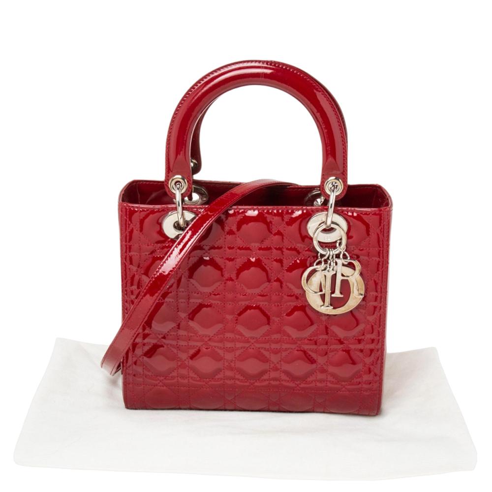 Dior Red Cannage Patent Leather Medium Lady Dior Tote 7