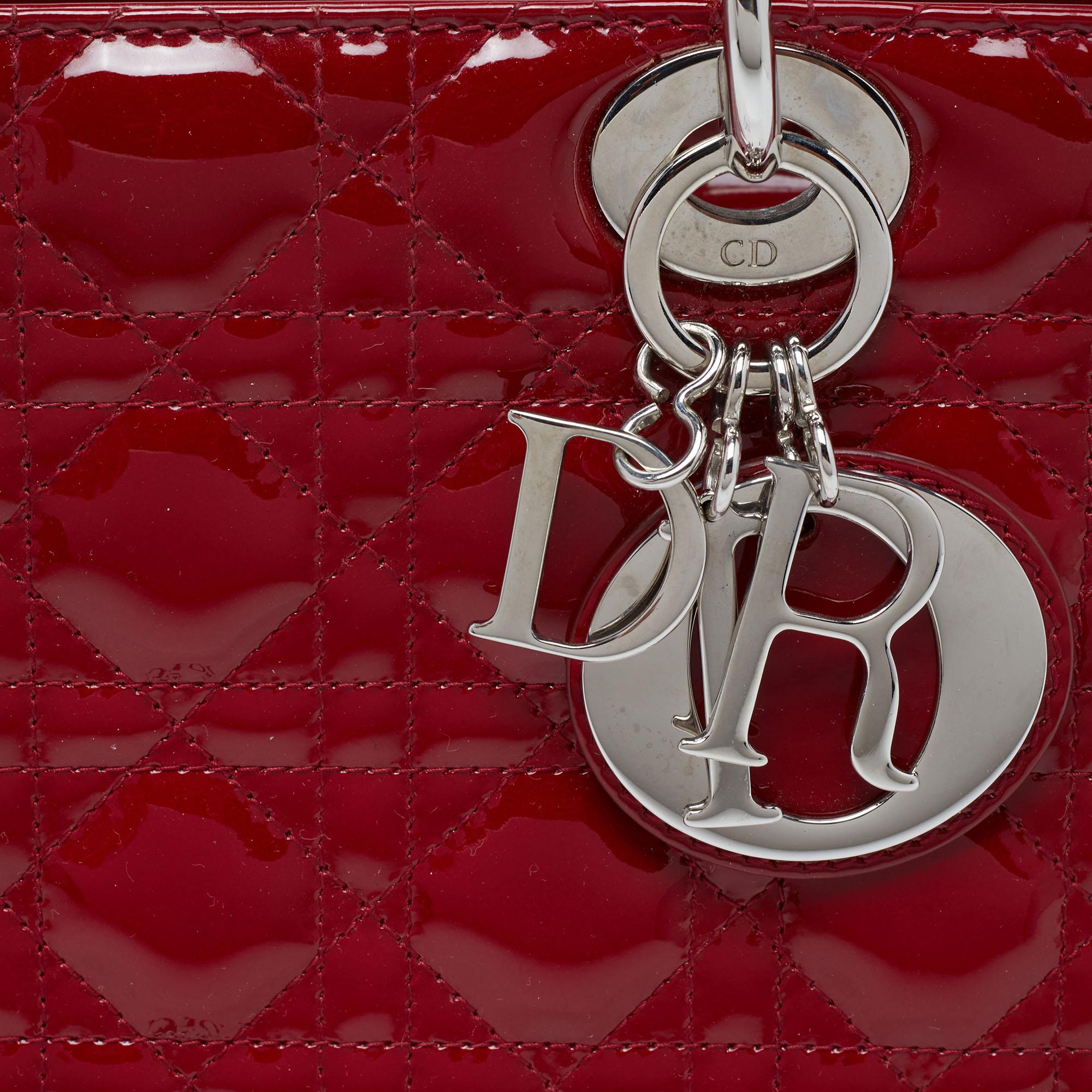 Dior Red Cannage Patent Leather Medium Lady Dior Tote 8