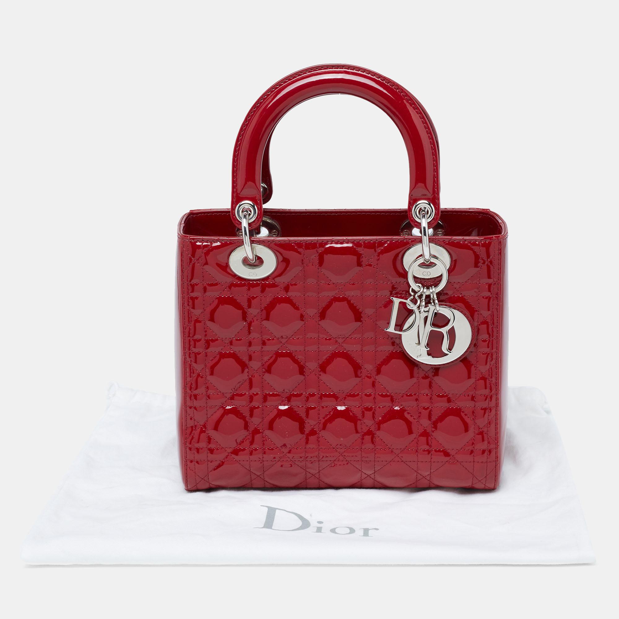 Dior Red Cannage Patent Leather Medium Lady Dior Tote 9