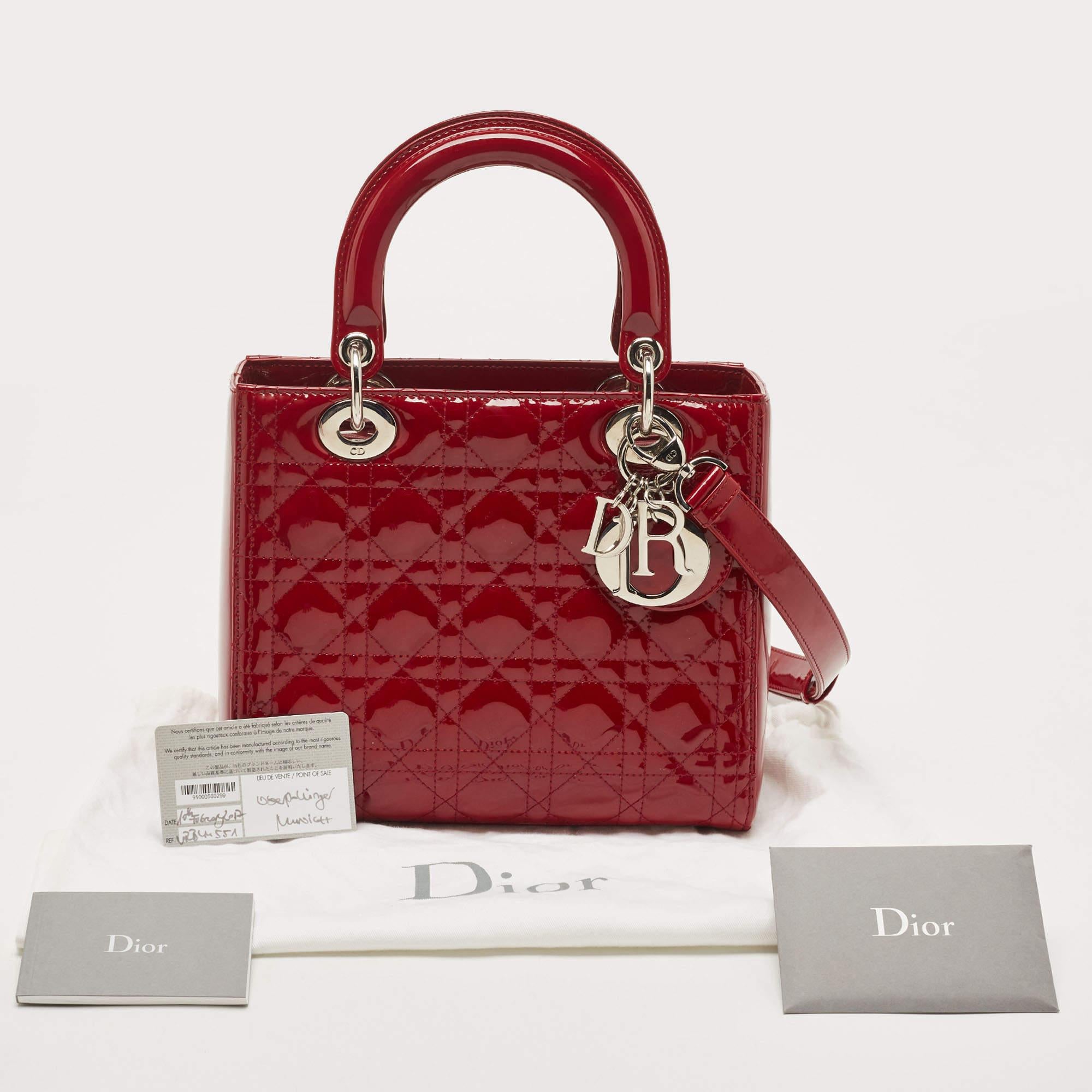 Dior Red Cannage Patent Leather Medium Lady Dior Tote 11