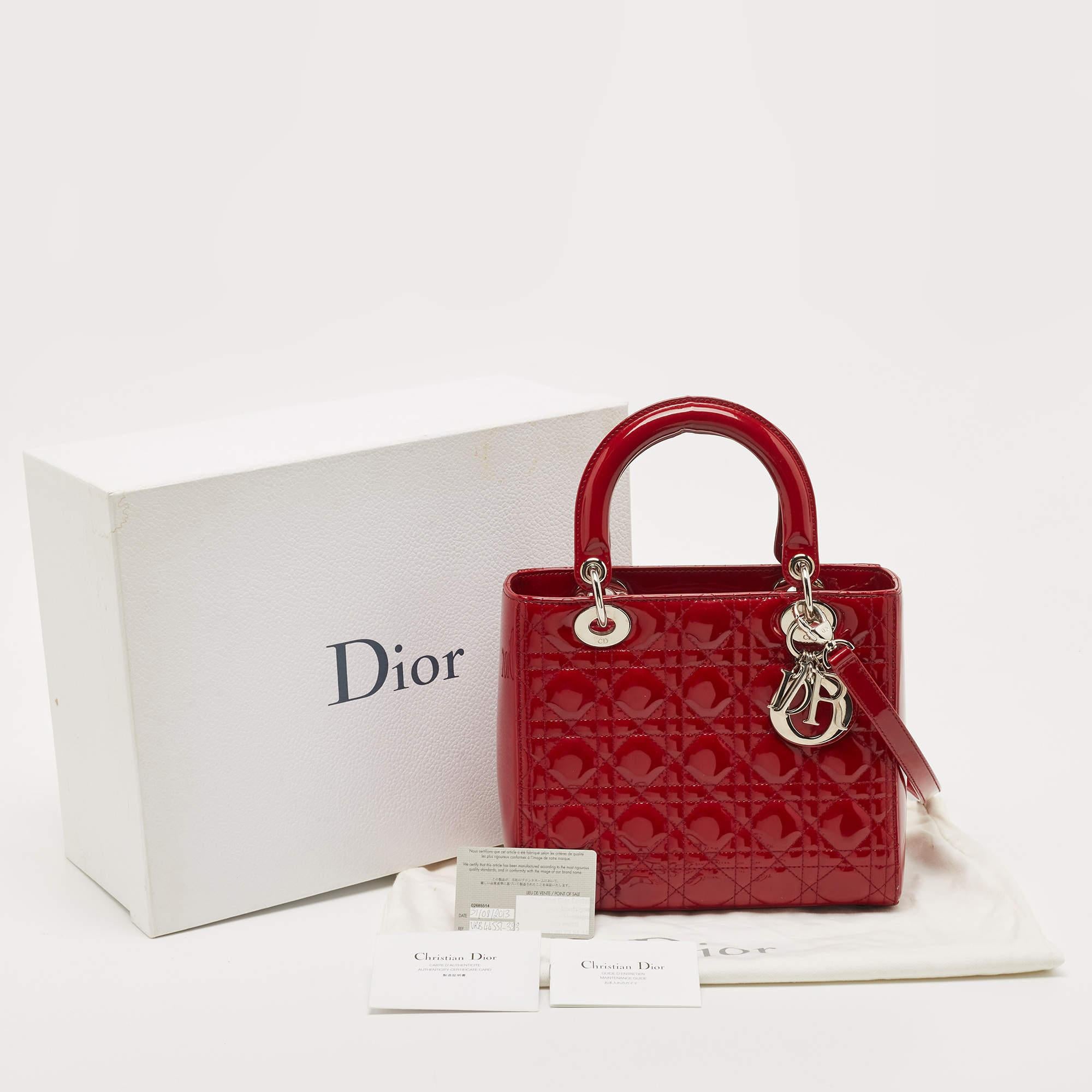 Dior Red Cannage Patent Leather Medium Lady Dior Tote 11