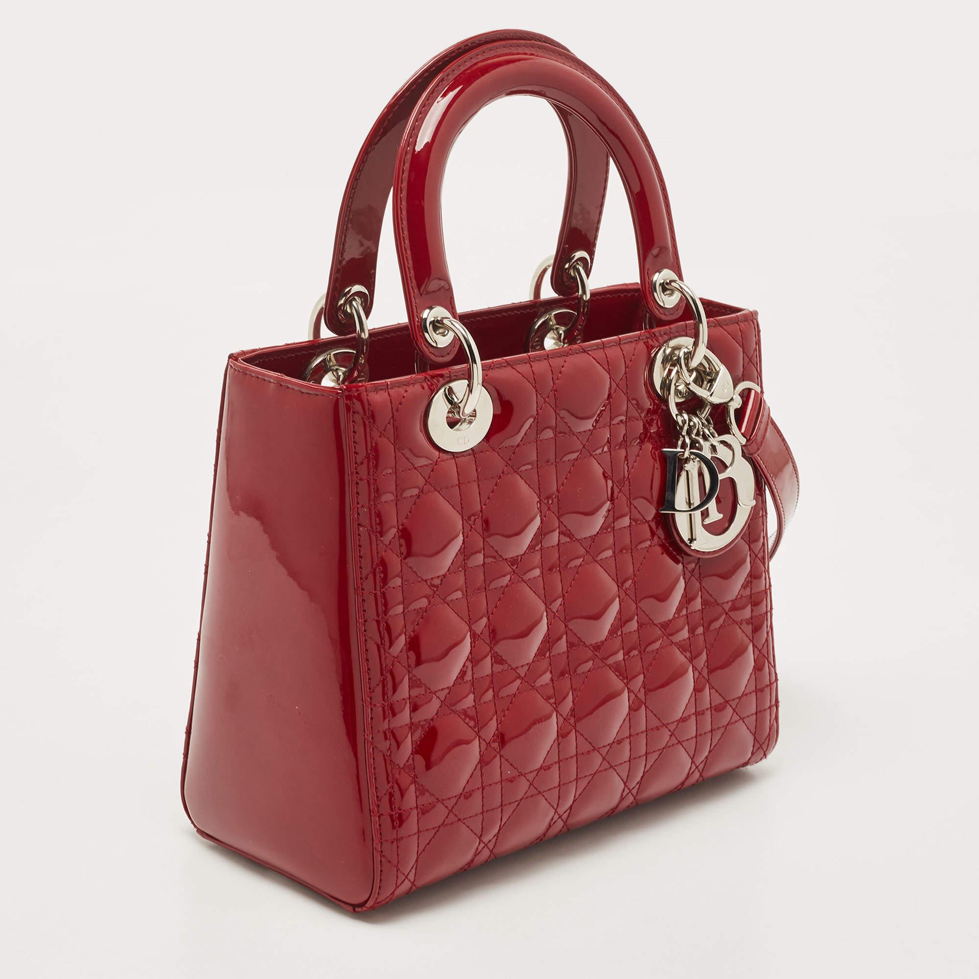 Dior Red Cannage Patent Leather Medium Lady Dior Tote In Good Condition In Dubai, Al Qouz 2
