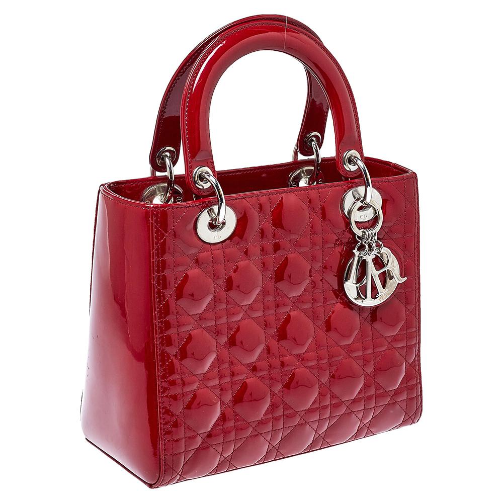 Women's Dior Red Cannage Patent Leather Medium Lady Dior Tote