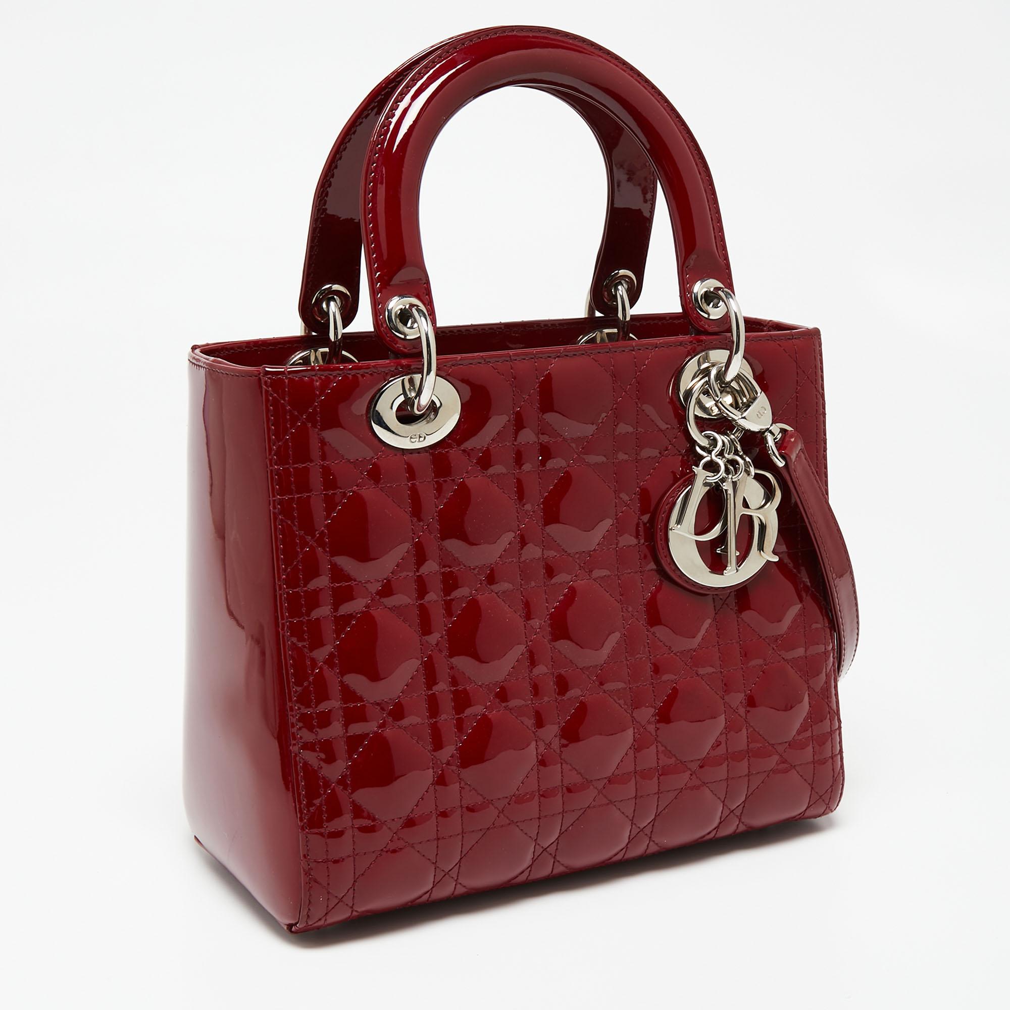 Dior Red Cannage Patent Leather Medium Lady Dior Tote In Good Condition In Dubai, Al Qouz 2