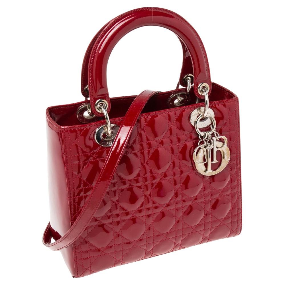 Dior Red Cannage Patent Leather Medium Lady Dior Tote 3
