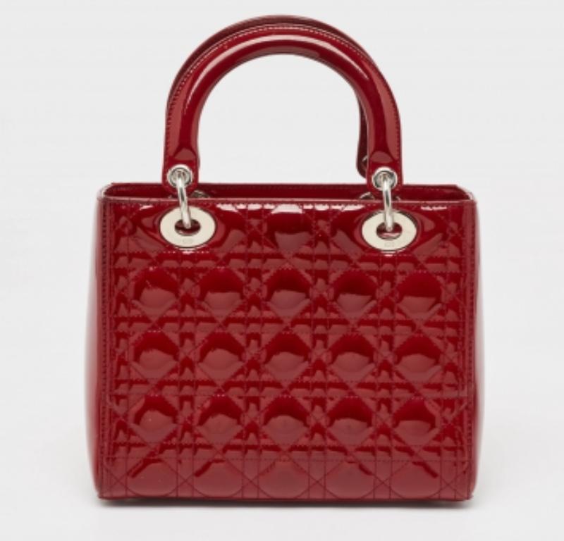 Dior Red Cannage Patent Leather Medium Lady Dior Tote in vendita 3