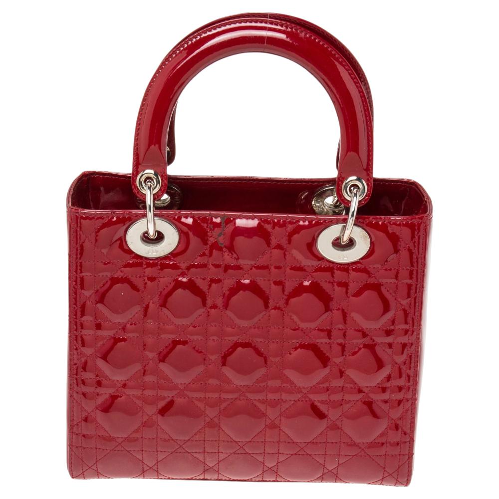 Dior Red Cannage Patent Leather Medium Lady Dior Tote 5