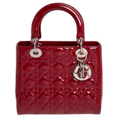 Dior Red Cannage Patent Leather Medium Lady Dior Tote