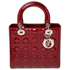 Used Dior Red Cannage Patent Leather Medium Lady Dior Tote
