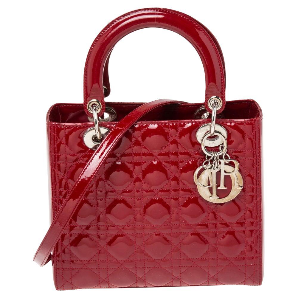 Dior Red Cannage Patent Leather Medium Lady Dior Tote