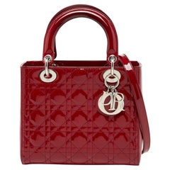 Dior Red Cannage Patent Leather Medium Lady Dior Tote