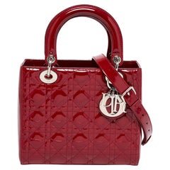 Dior Red Cannage Patent Leather Medium Lady Dior Tote