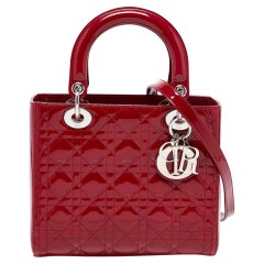 Dior Red Cannage Patent Leather Medium Lady Dior Tote