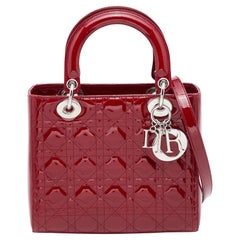 Dior Red Cannage Patent Leather Medium Lady Dior Tote