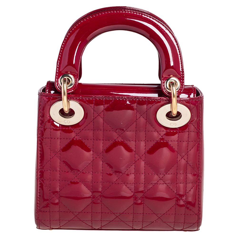 Dior Red Cannage Patent Leather Mini Chain Lady Dior Tote 5