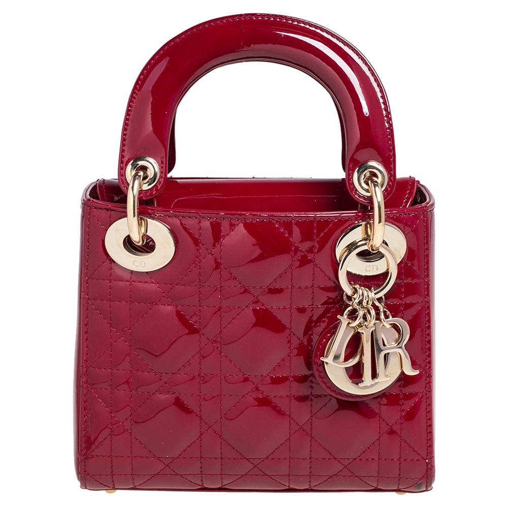 Dior Red Cannage Patent Leather Mini Chain Lady Dior Tote