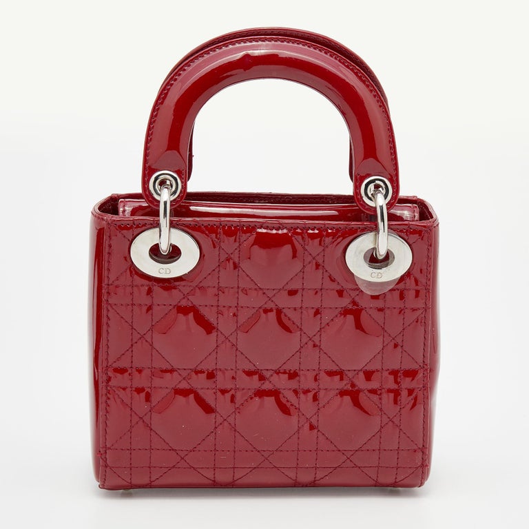 Dior Red Cannage Patent Leather Mini Lady Dior Tote For Sale at 1stDibs