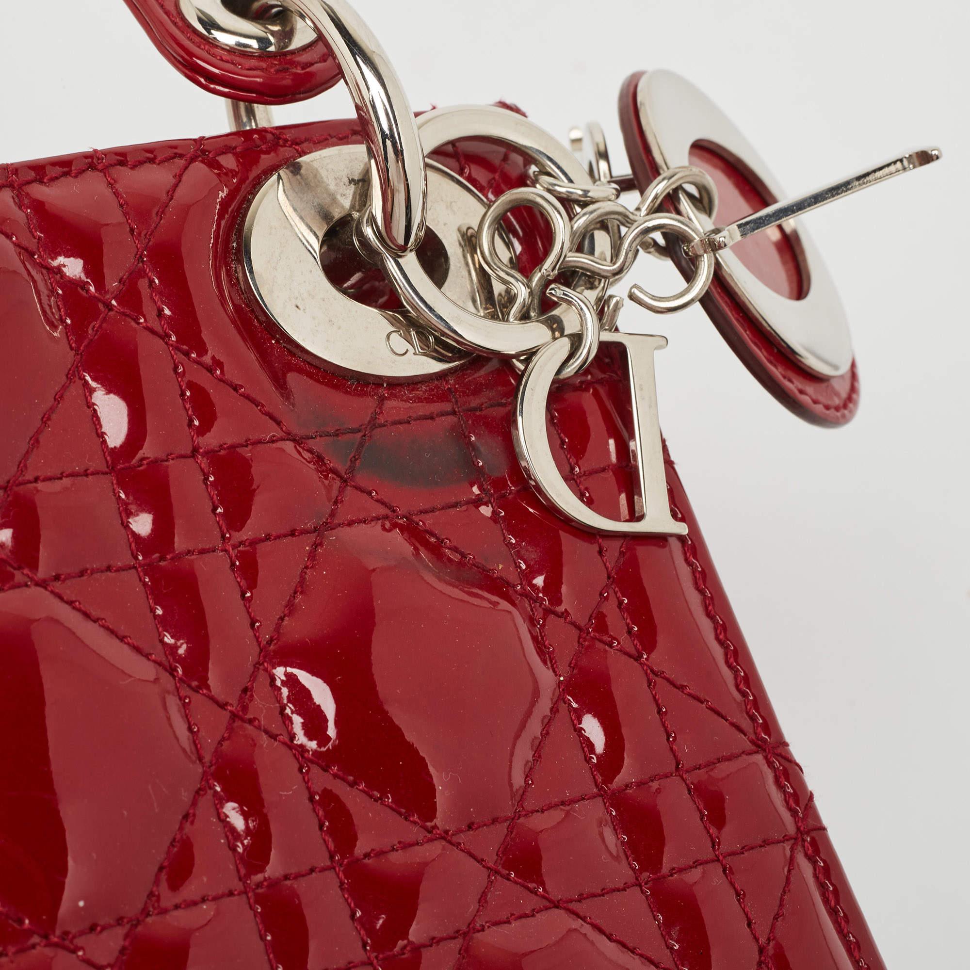 Dior Red Cannage Patent Leather Mini Lady Dior Tote In Fair Condition In Dubai, Al Qouz 2