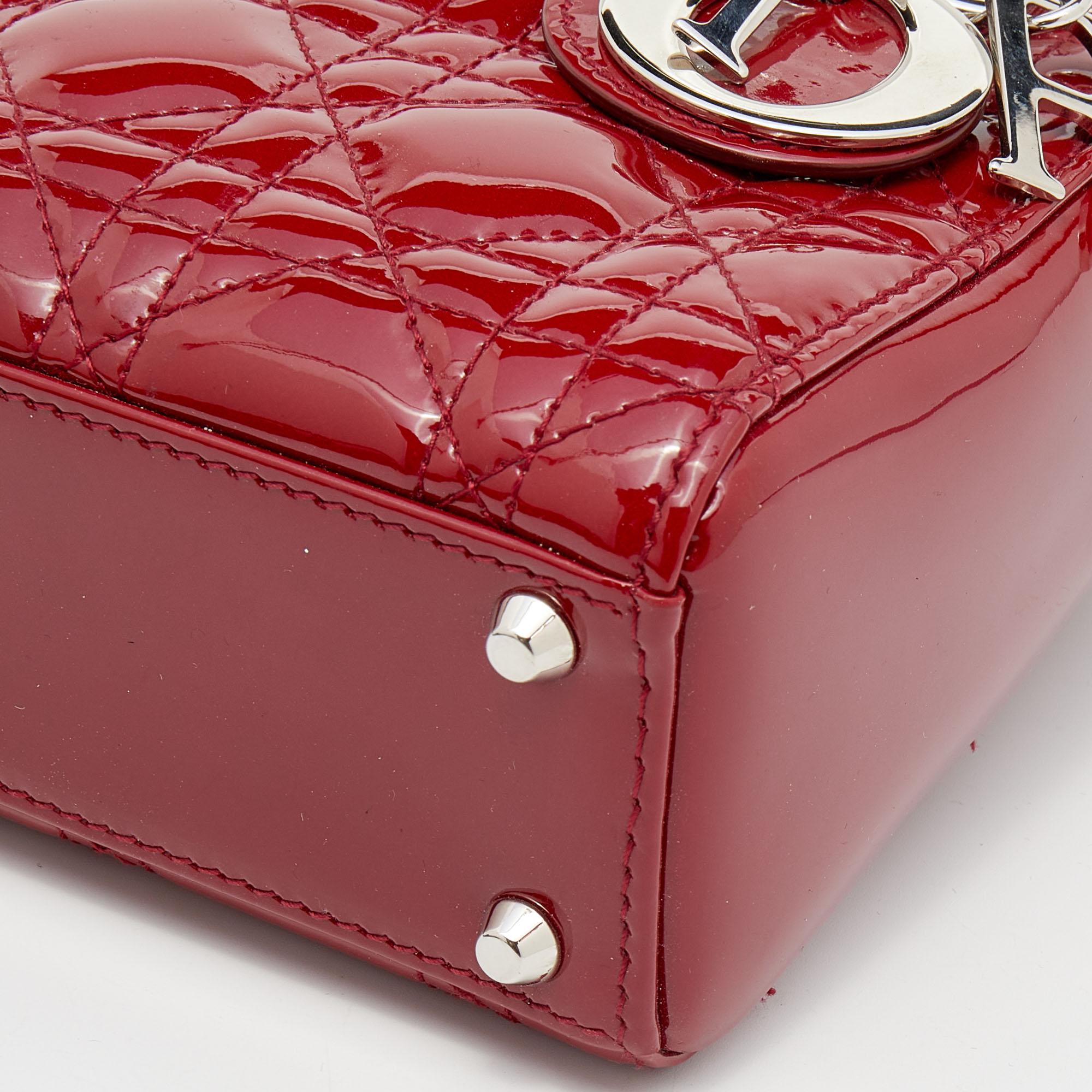 Dior Red Cannage Patent Leather Mini Lady Dior Tote In Good Condition In Dubai, Al Qouz 2