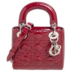 Used Dior Red Cannage Patent Leather Mini Lady Dior Tote